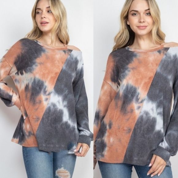 Lovely Rosetta Tops - Soft Black And Peach Combo Tie Dye Cold Shoulder Top